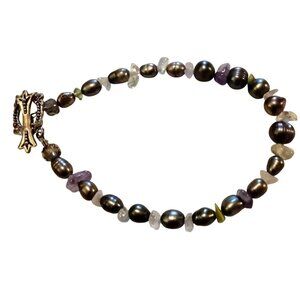 Metal Quartz Beaded Bracelet Gunmetal Decorative Toggle Clasp Handcrafted